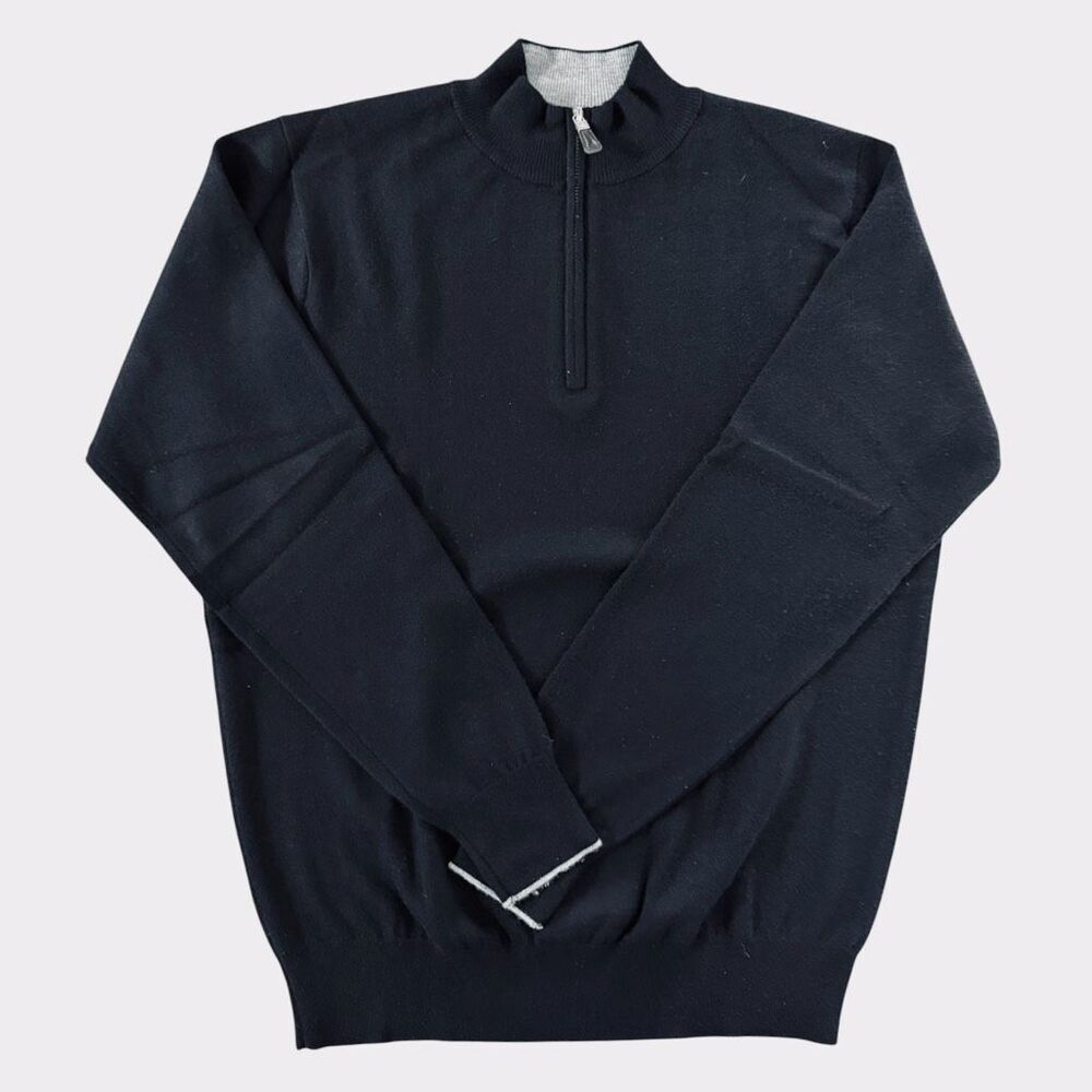Peter Millar Men's Cashmere Silk Blend 1/4 Zip Sweater Black Gray Trim Luxury M